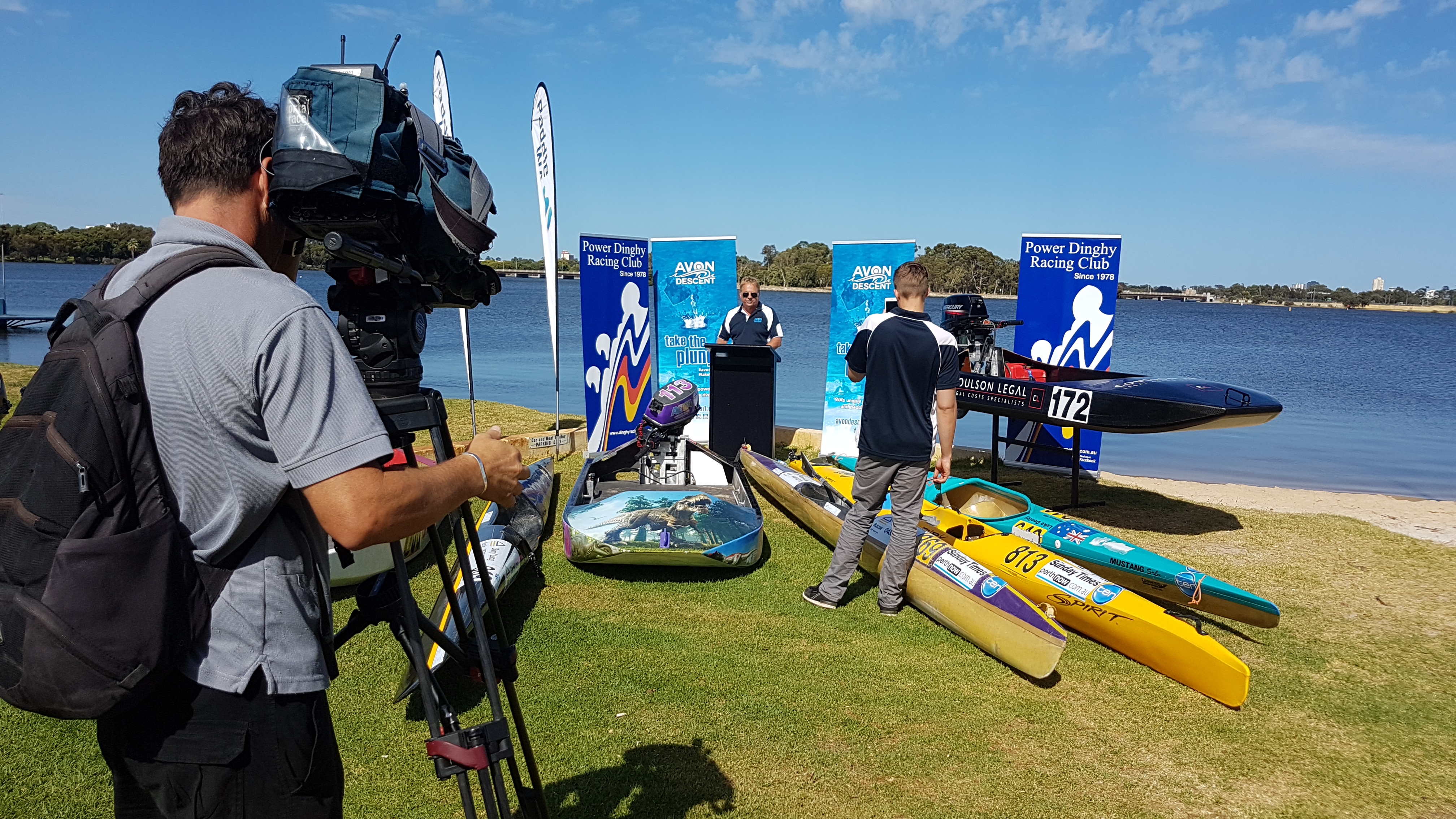 Chairman Greg Kaeding announces the 46th annual Avon Descent on the foreshore of the Swan River.